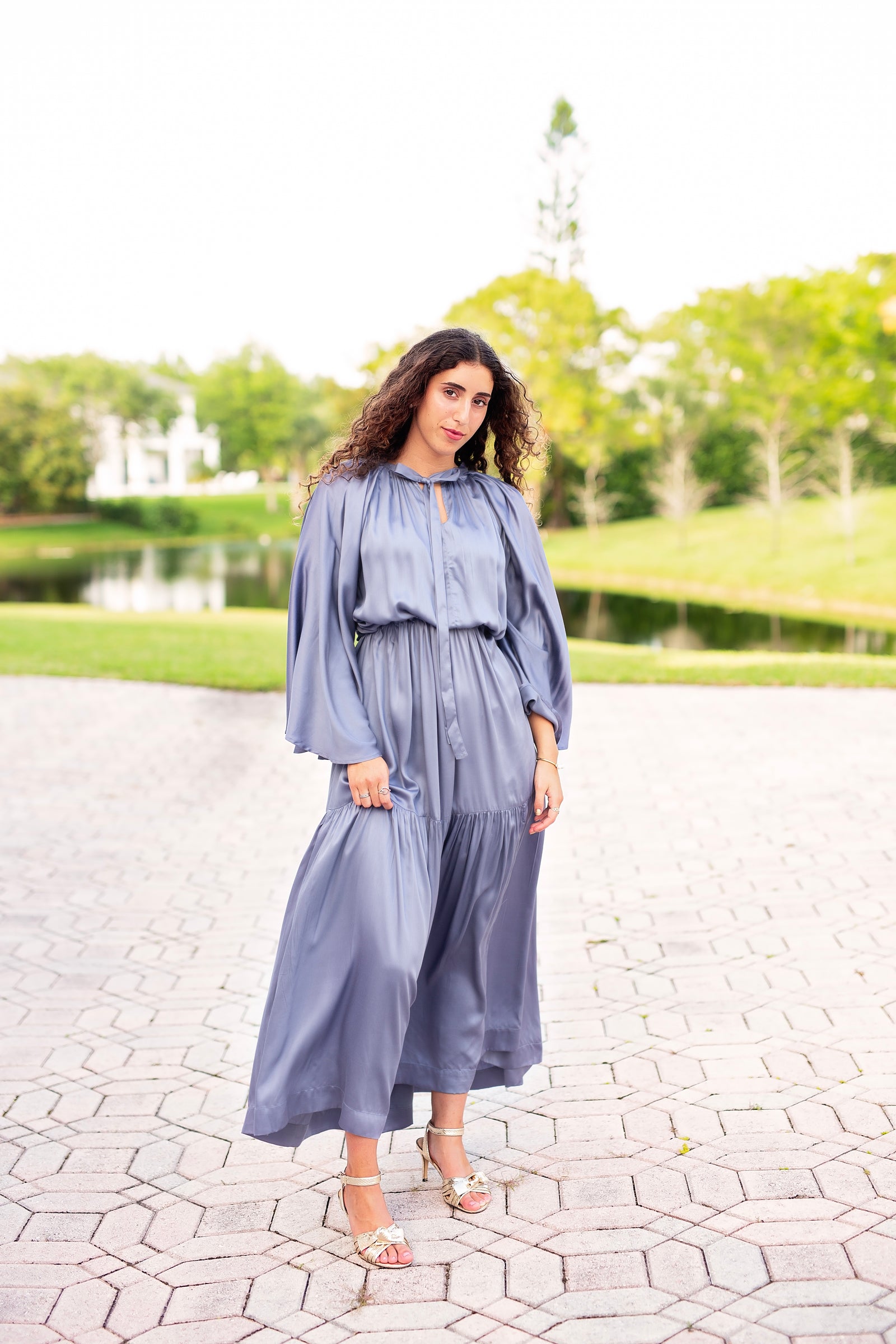 charcoal satin dress Reiss Satin Short-Sleeve Midi Dress in Charcoal