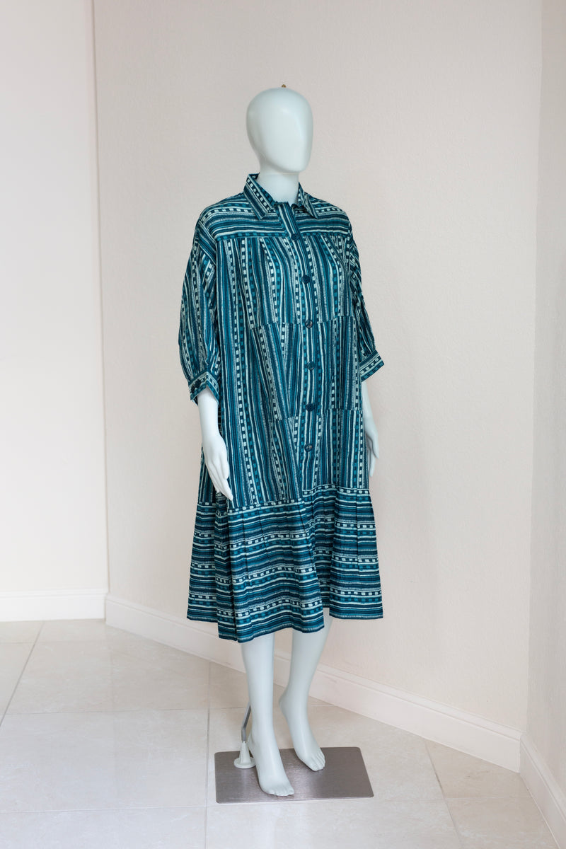 Riko Dress - Teal Striped & Stitched