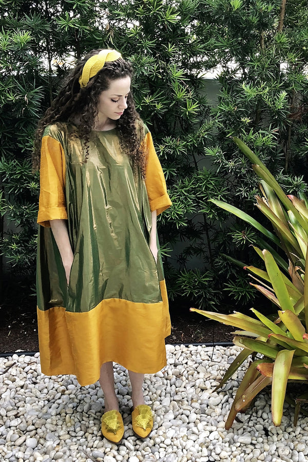 Nikki Dress - Green Shine/Gold Tussel Silk - PROJECT 6, modest fashion